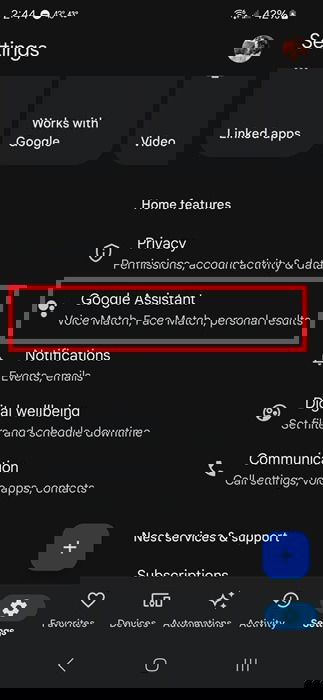 Accessing Google Assistant within Google Home app.