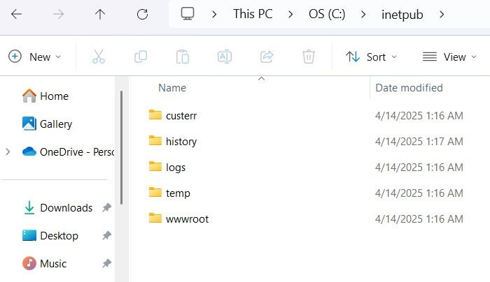 Inetpub folder with various subfolders.