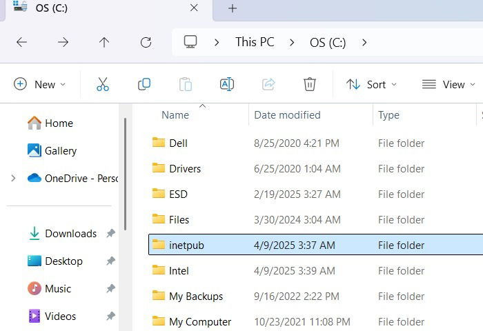 Location of inetpub folder within Windows C drive.