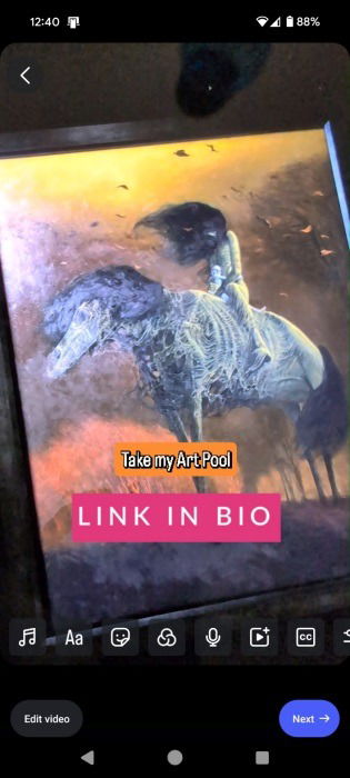 Reel view with Link in bio sticker visible on Instagram. 