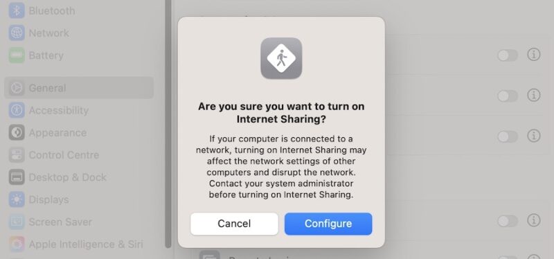 Toggle on internet sharing on a Mac