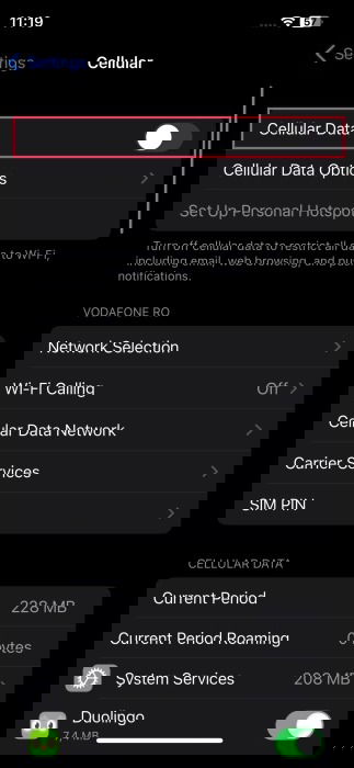Disabling cellular data on iPhone.