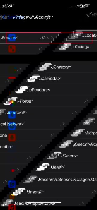 Navigating to "Location Services" in iPhone Settings.