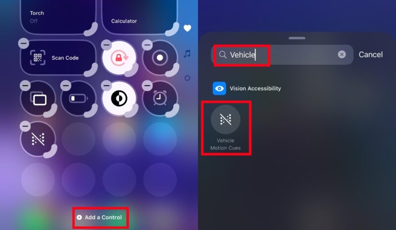 An image showing two screenshots from the iPhone control center, where a user can quickly add the motion sickness iphone setting to their control center screen.