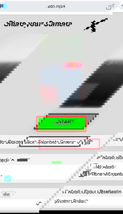 A screenshot on the iPhone, showing the vdo.ninja website open, offering various camera-related options to choose before hitting a big, green START button to begin streaming.