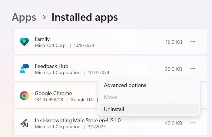 Directly uninstalling an UWP app, Feedback Hub which was not possible before.