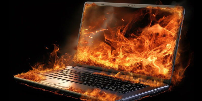 laptop with fire around it