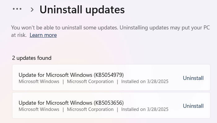 Uninstall Windows 11 updates for March 2025.