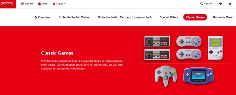 Classic Nintendo games included with Nintendo Switch Online Membership.