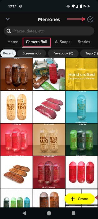 Switching to "Camera Roll" tab in Snapchat app. 