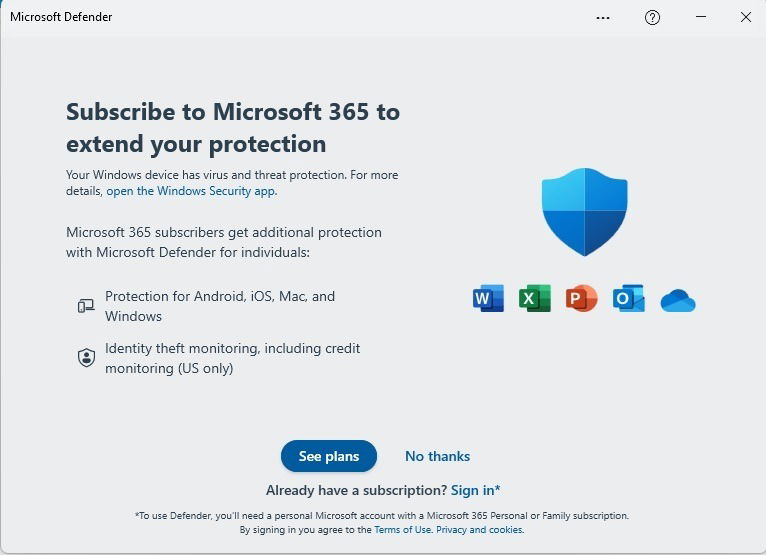 Microsoft Defender subscription prompt.
