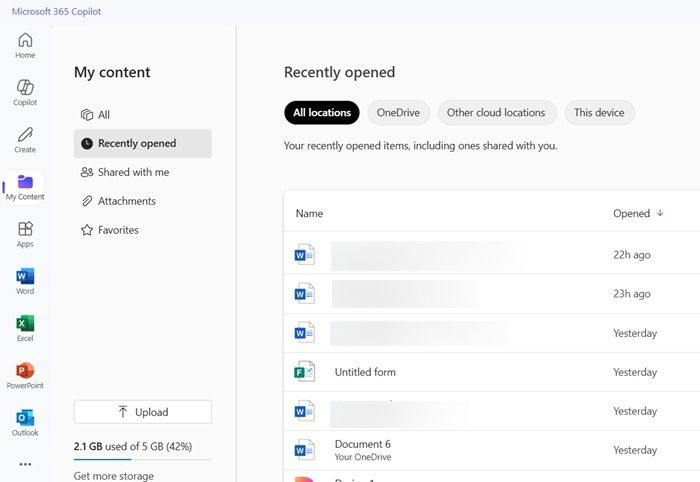 Accessing all documents through My Content in Microsoft 365 Copilot app.