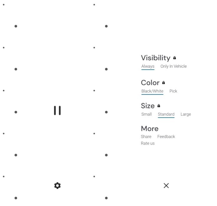 An image of two screenshots of the MotionEase app on Android. showing virtual animated motion cues on the screen and the other options users can buy in the app.