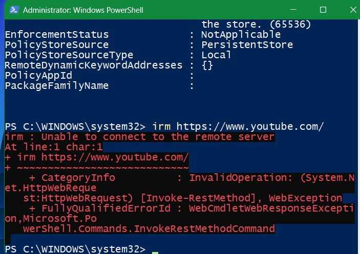Blocking all outbound network connections in PowerShell. "irm" commands failing to work.
