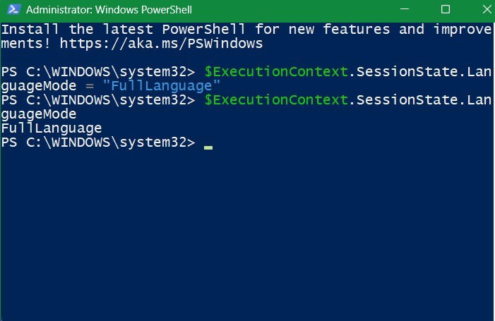 "Full Language mode" in PowerShell allows irm and iex commands.