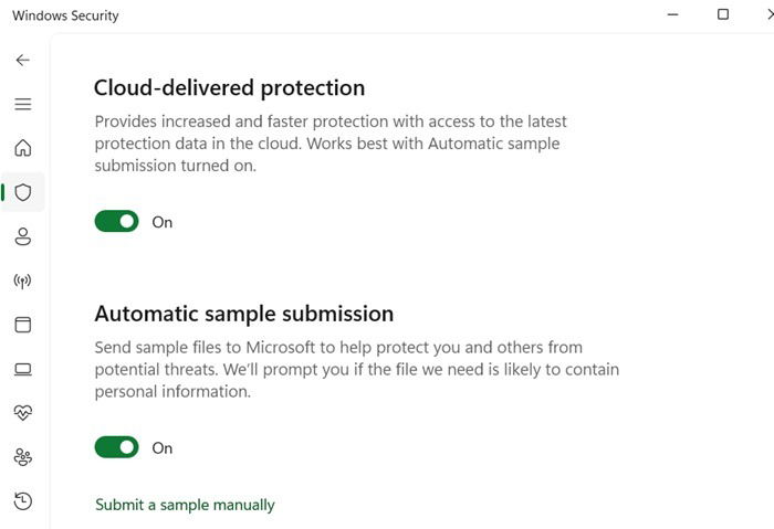 Enabling Cloud Delivered Protection in Windows Security.
