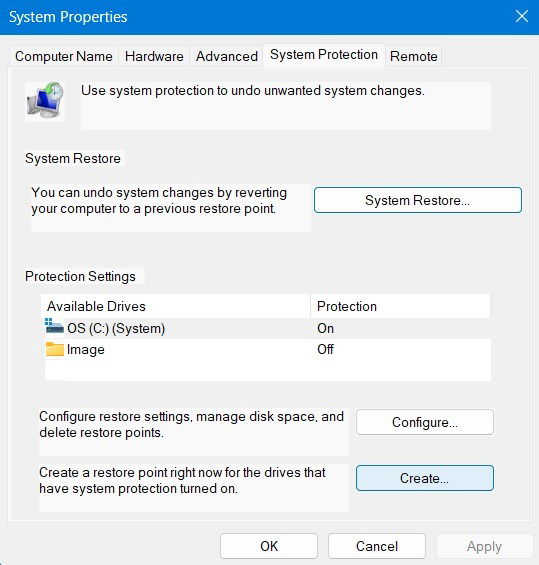 Click Create in System Protection tab under System Properties.