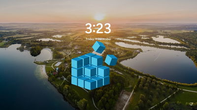 Windows lock screen wallpaper landscape with registry icon in middle