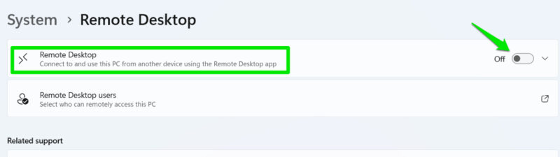 Remote Desktop disabled in Windows Settings