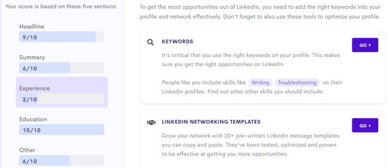 Resume Worded Linkedin Review results