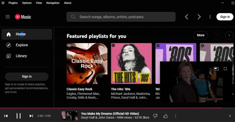 Youtube Music Desktop App main dashboard.