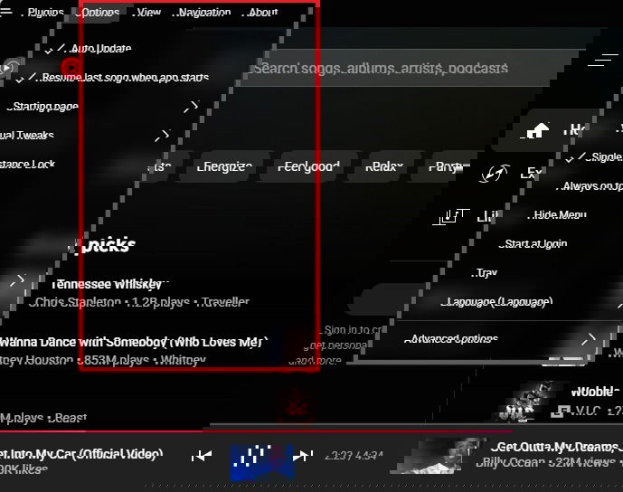 Changing YouTube Music app options.