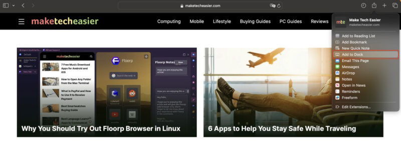 Safari Web Page Add To Dock