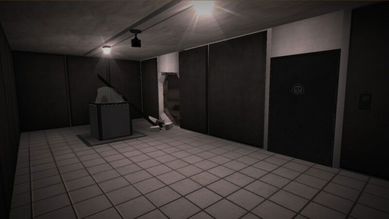 A screenshot from the game, SCP: Containment Breach Multiplayer, showing an empty corridor with a broken wall, in a liminal location.