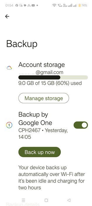 Google One's "Back up now" phone option with account storage details.