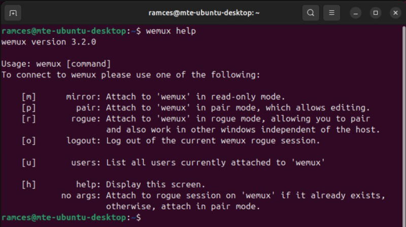 A screenshot showing the default help screen for Wemux.