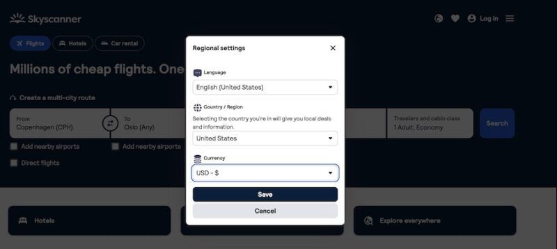Change your location in the Skyscanner app
