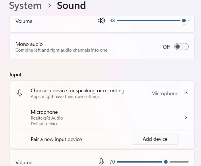 "Pair a new input device" option for Windows microphone.