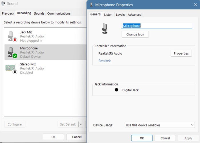 Windows Sound and Microphone properties with a green check symbol.