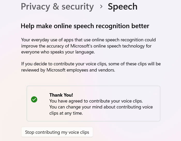 Start Contributing Voice Clips button underneath Online speech recognition.