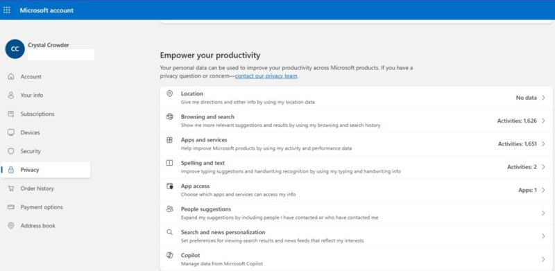 Managing privacy settings in my Microsoft account.