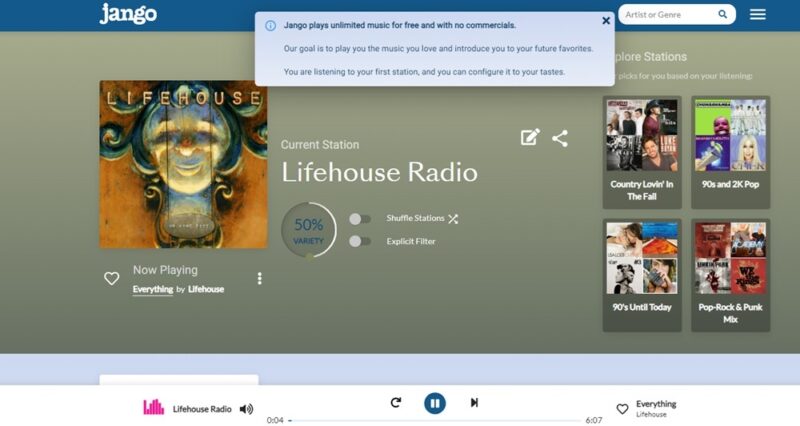 Streaming an artist station on Jango.