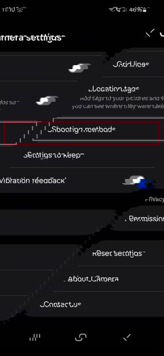 Tapping on "Shooting methods" option in Camera Settings on Samsung Galaxy phone. 