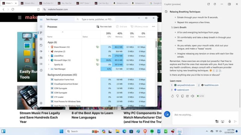 Task Manager showing opened apps and services.