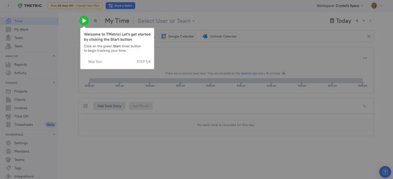 Starting the TMetric Tour