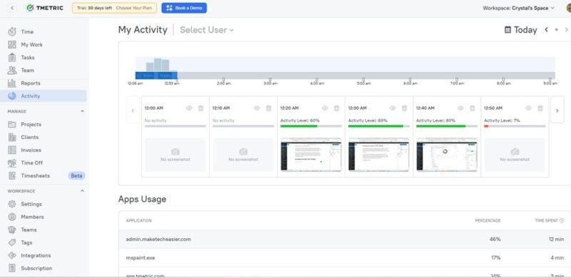Viewing activity and sscreenshots.
