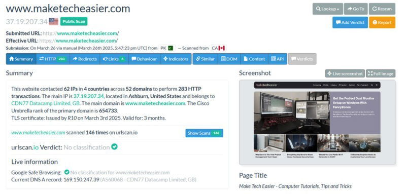 URLScan scanning maketecheasier