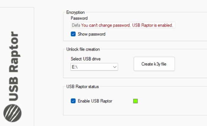 Create k3y file for a selected USB drive in USB Raptor, and enable it in the next step.