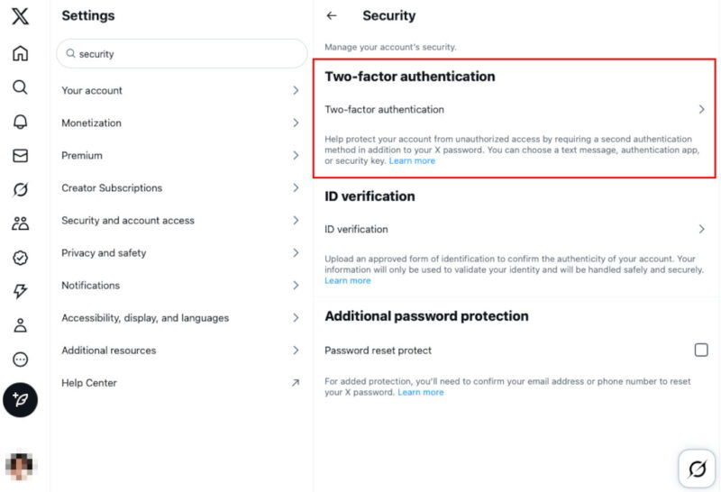 A screenshot highlighting the option for Two-factor authentication in X.