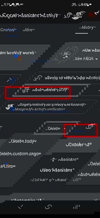 Deleting Google Assistant history.
