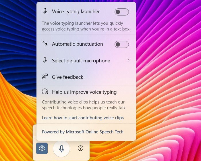 Voice Typing Settings accessed from a CTRL + H on Windows 11.