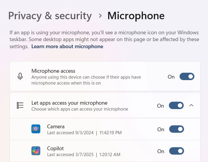 "Privacy & security" settings for Microphone enabled in Windows 11.