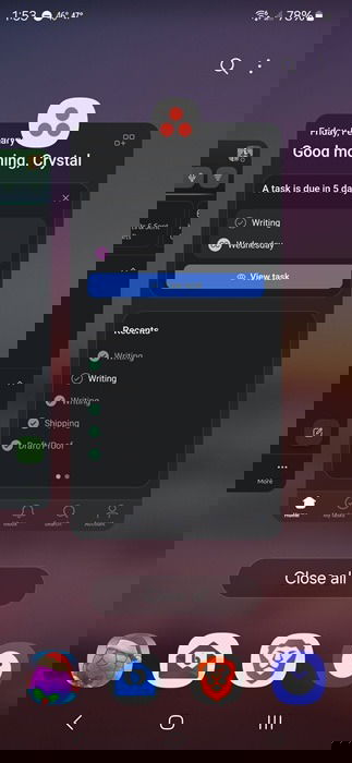 Viewing recently opened apps.