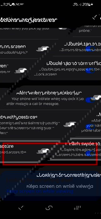 Turning on Palm swipe to capture gesture.