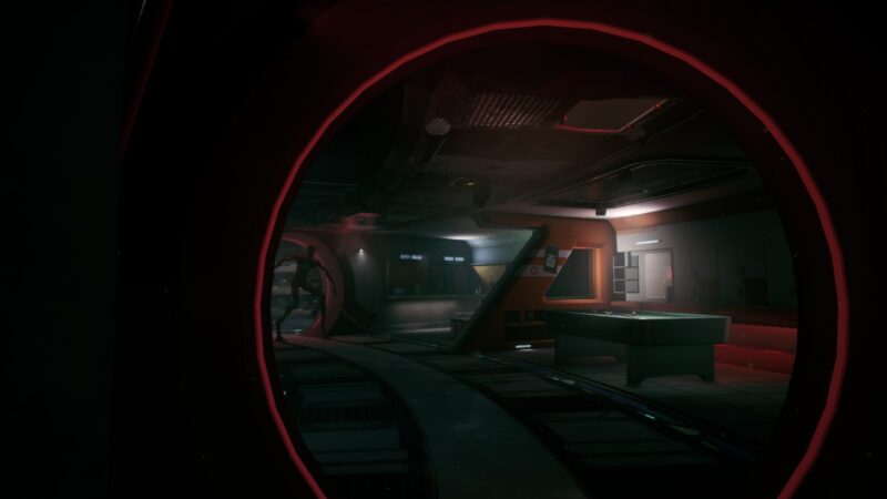 A screenshot from the game "We Went Back", showing a futuristic padded corridor, with a terrifying, tall, humanoid creature at the end of it, faintly visible. 