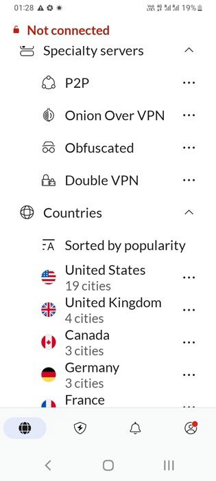 Example of a mobile VPN, NordVPN on Android with its various specialty and regular global servers.